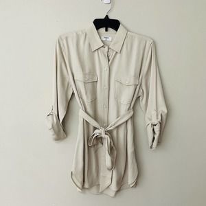 Untuckit Size M Lindsey Shirt Womens Khaki Tan Belted Button Front Roll Tab Slv